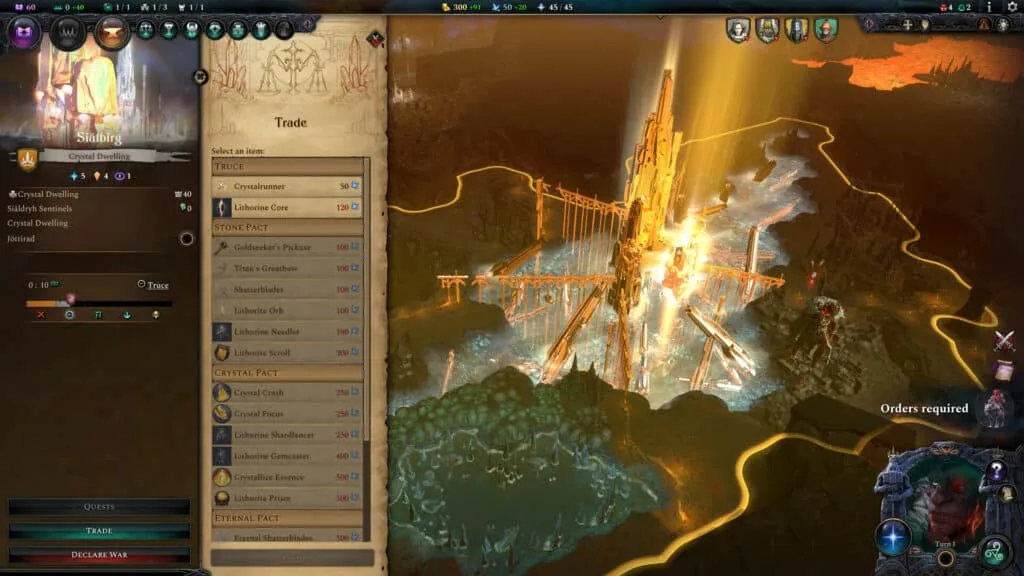 Interface de gestion d'empire dans Age of Wonders 4 — gros plan sur les options de développement