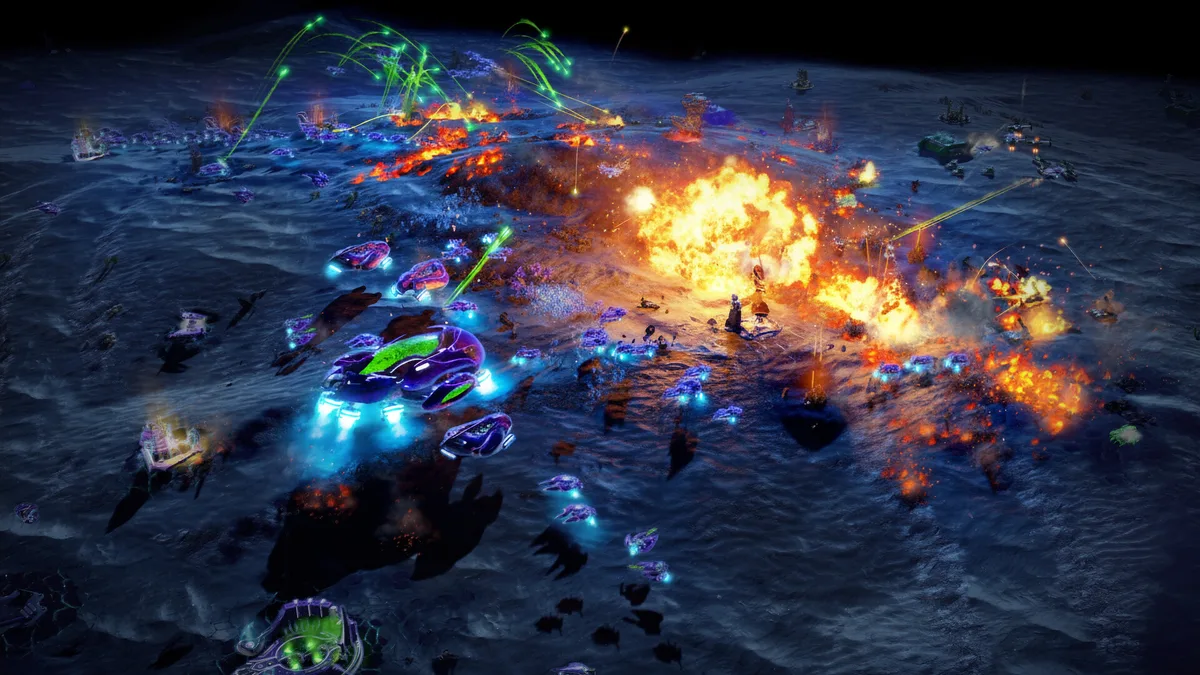 Ashes Of The Singularity 2 — capture officielle montrant des armées de science-fiction qui s'affrontent au milieu d'explosions