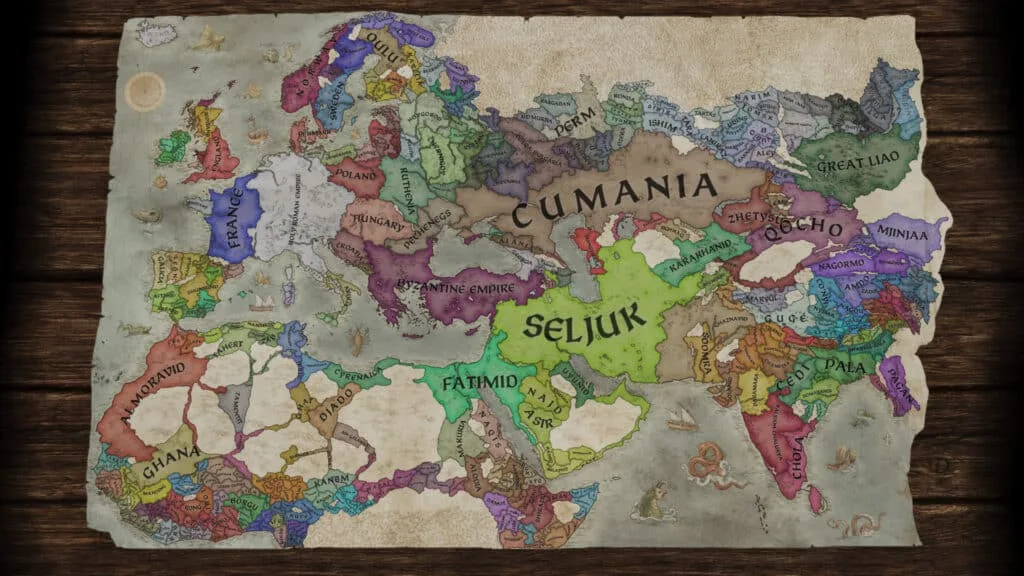 Vue de la carte politique de Crusader Kings 3 avec les holdings monastiques mis en évidence