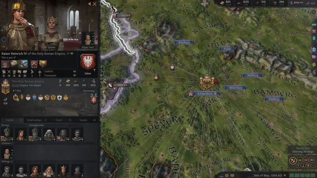 Interface de gestion d'un personnage noble dans Crusader Kings 3, montrant les relations diplomatiques