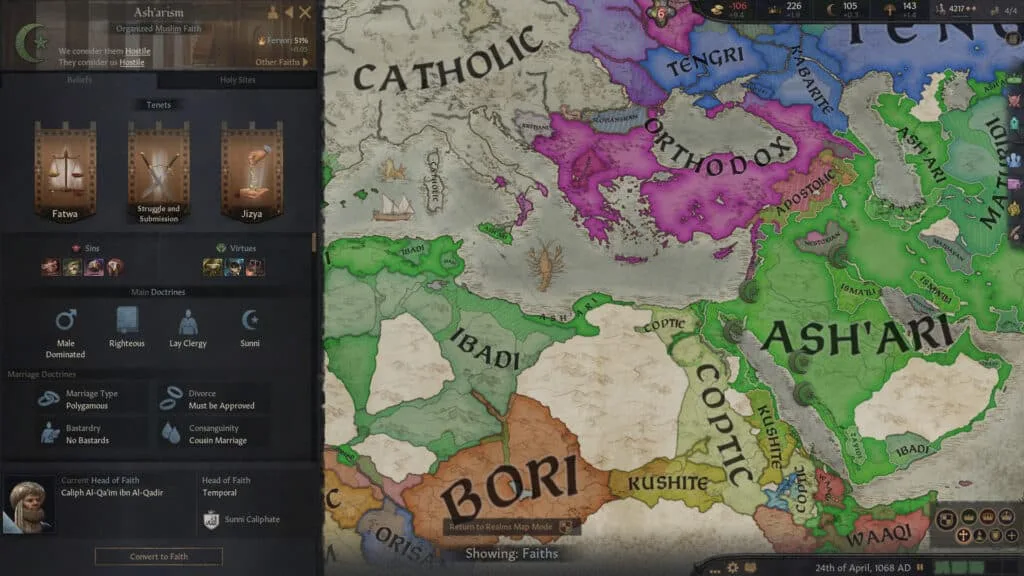 Tableau de bord des traits de caractère et de la religion d'un seigneur dans CK3