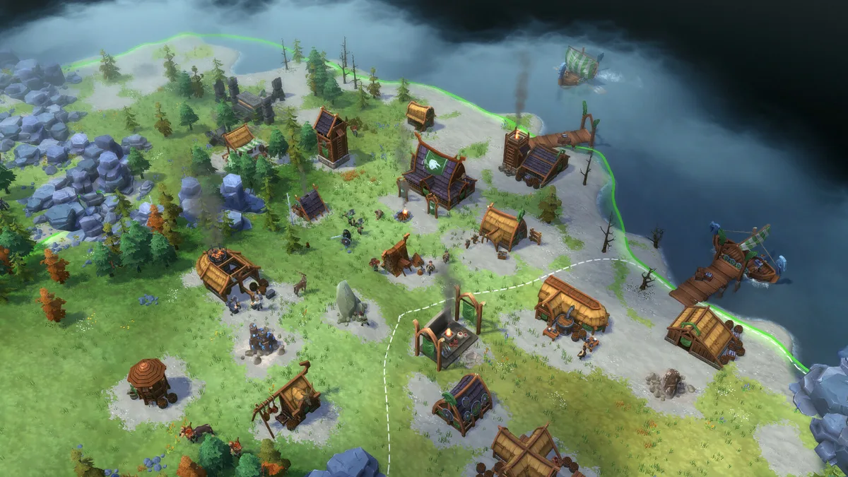 Northgard — capture officielle montrant une colonie viking installée sur une côte boisée
