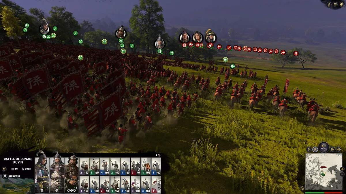 Total War Three Kingdoms — capture officielle montrant deux armées en formation sur un champ de bataille