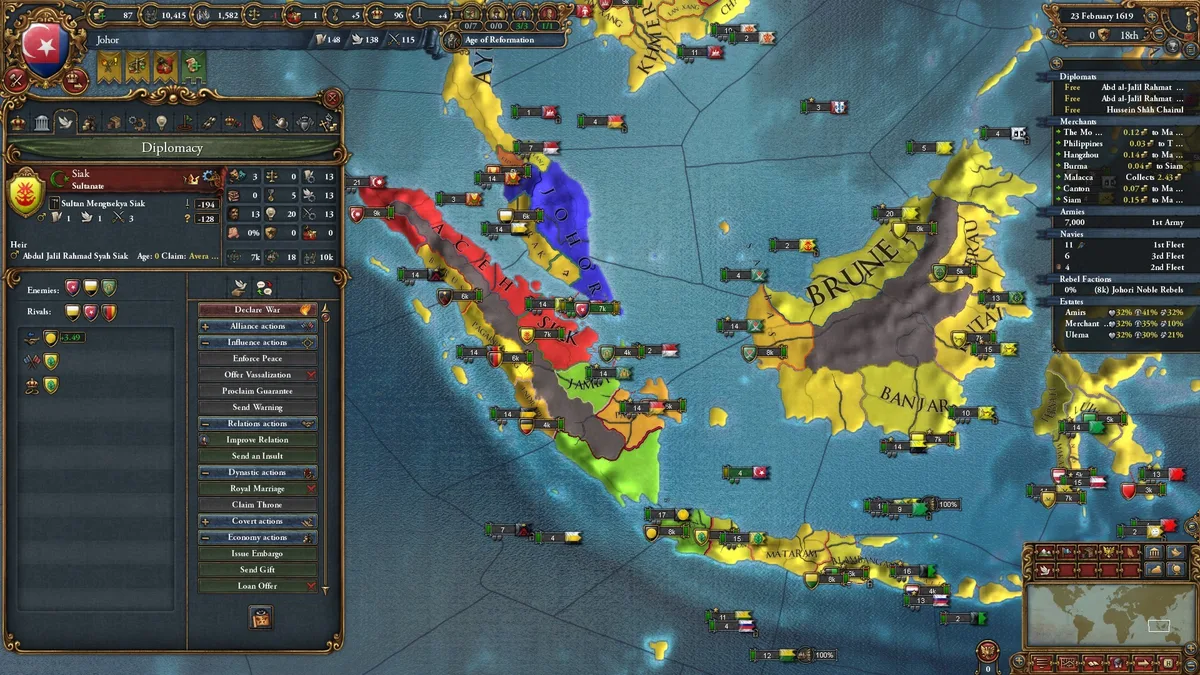 Europa Universalis 4 — capture officielle montrant une carte politique de l'Asie avec les panneaux de gestion