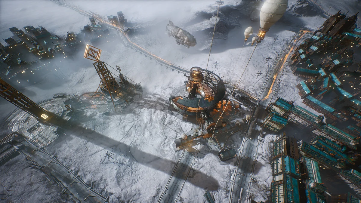Frostpunk 2 enseña un mapa de ciudad con distritos, recursos y decisiones politicas en interfaz