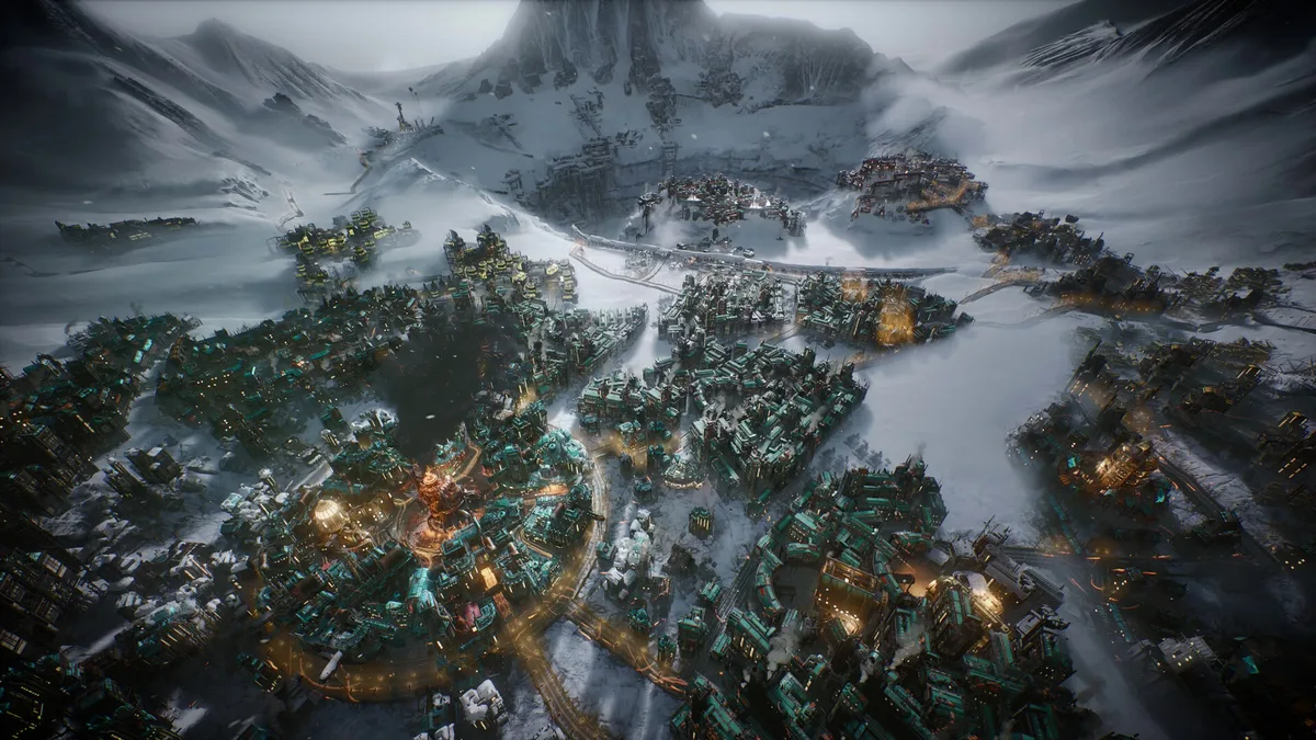 Frostpunk 2 muestra una ciudad helada con distritos industriales y paneles de gestion urbana