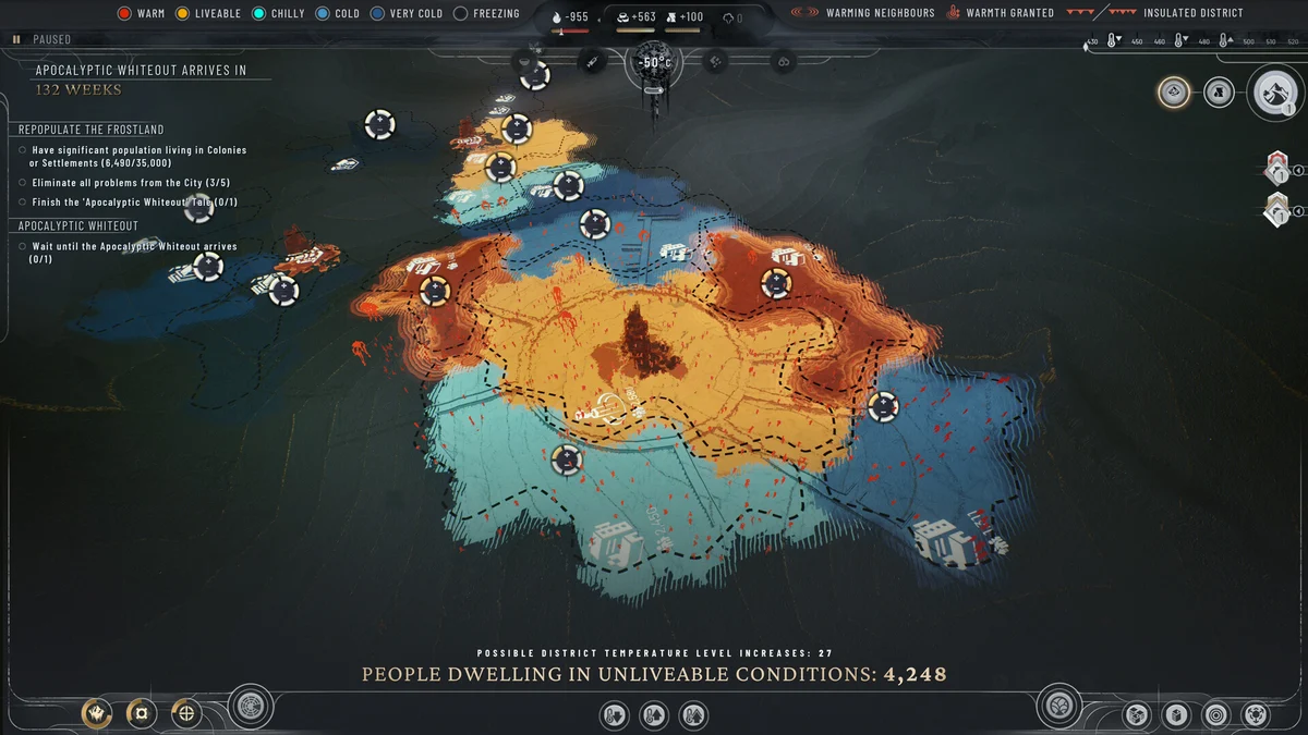 Frostpunk 2 muestra una ciudad nevada con distritos iluminados y una interfaz de gestion de recursos
