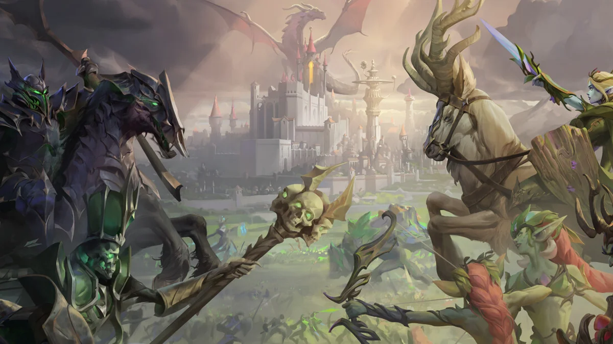 Heroes of Might & Magic : Olden Era — art clé montrant les factions Temple et Necropolis face à face sur un champ de bataille hexagonal