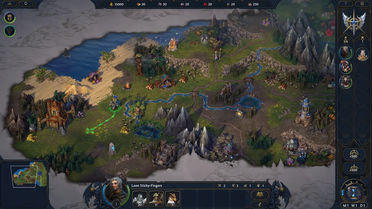 Mapa estratégico de Heroes of Might & Magic: Olden Era mostrando la exploración del terreno y los nodos de recursos a capturar