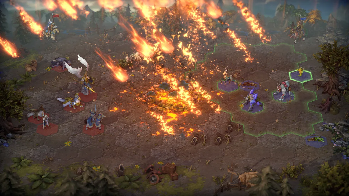 Combate hexagonal en Olden Era: unidades del Temple frente a la Necropolis, con los indicadores de Puntos de Foco visibles en la interfaz inferior