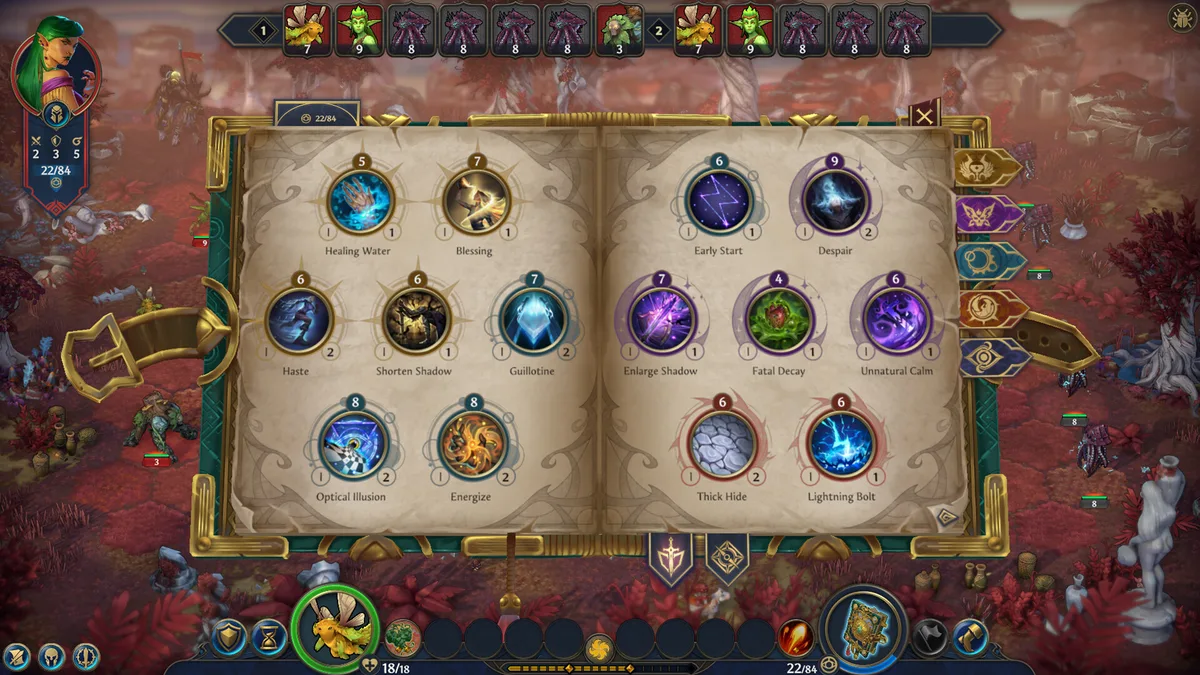 Grimorio de hechizos abierto en Heroes of Might & Magic: Olden Era, ilustrando la profundidad de habilidades disponibles para personalizar un héroe