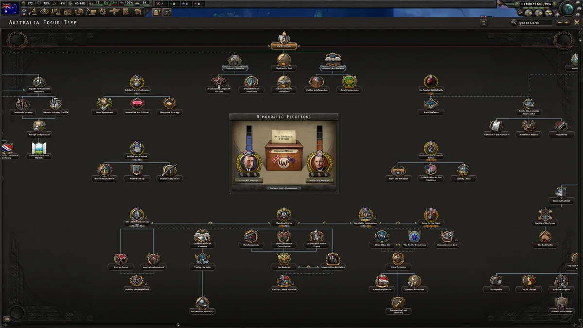 Hearts of Iron 4 muestra el mapa Asia-Pacifico con rutas, frentes, puertos y decisiones de campana