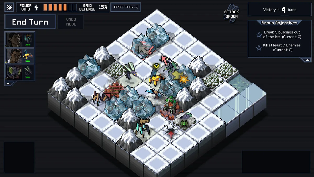 Into the Breach mechs positioned against announced Vek attacks