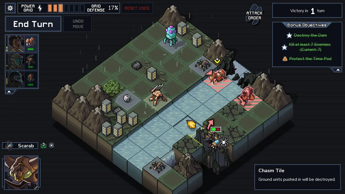 Into the Breach tactical interface showing the grid and enemy threat lines