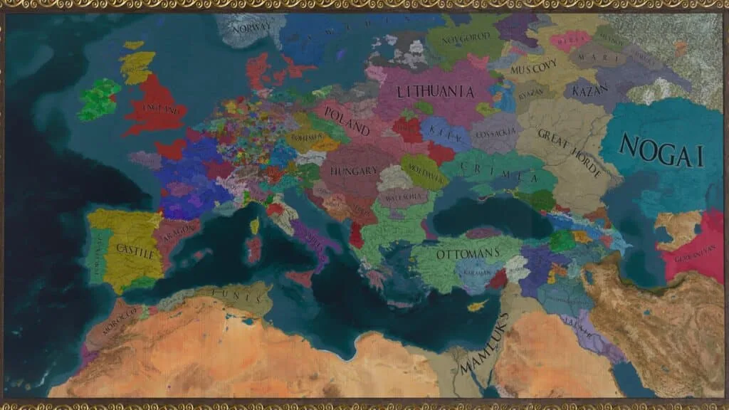 Europa Universalis IV con provincias europeas y mapa de campana