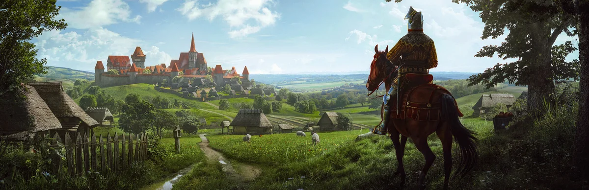 Village médiéval Manor Lords vu depuis les collines au coucher du soleil