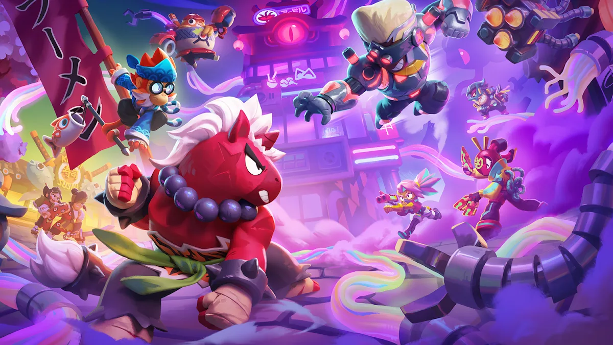 Brawl Stars — capture officielle montrant plusieurs brawlers dans une illustration officielle du jeu