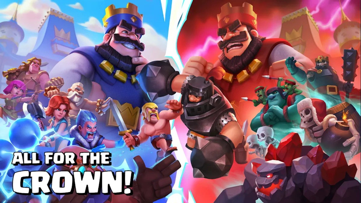 Clash Royale — capture officielle montrant des troupes et des cartes dans une illustration officielle du jeu