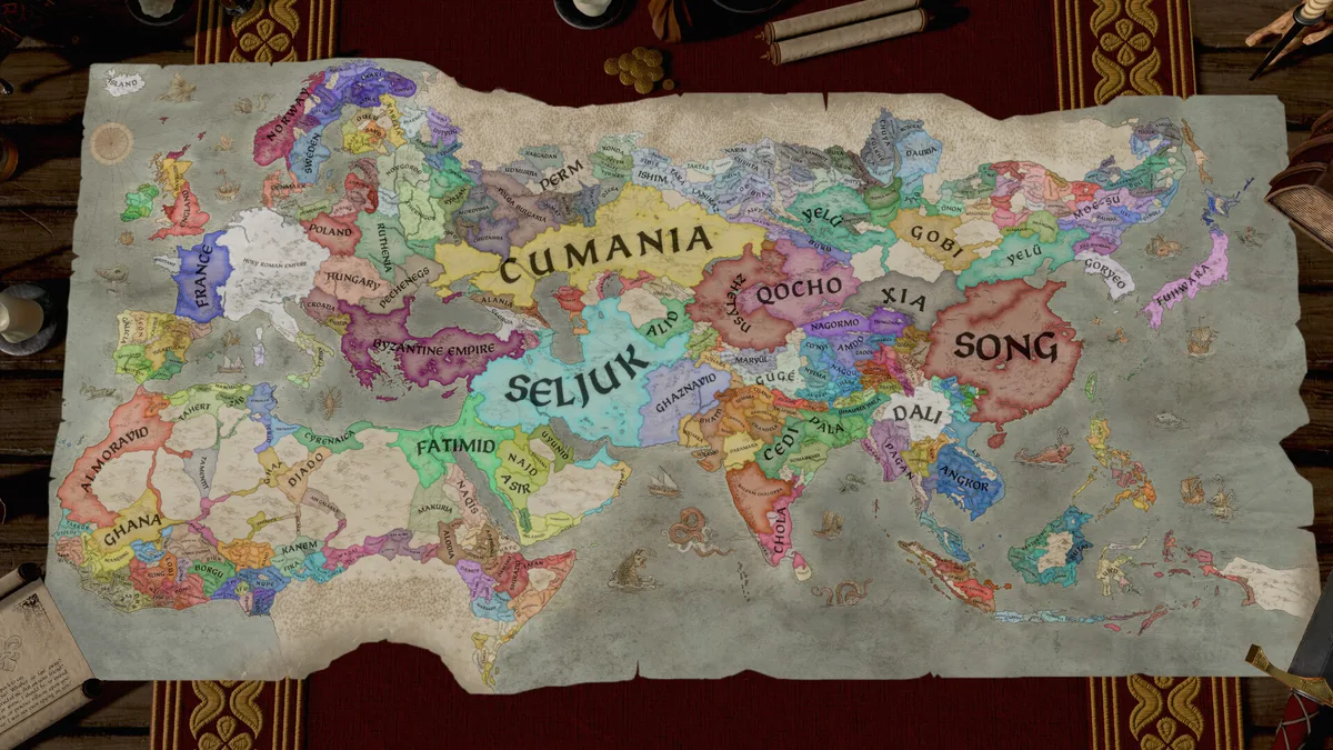 Crusader Kings 3 — capture officielle montrant la carte de l'Empire byzantin accompagnée d'un panneau de personnage