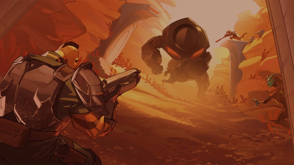 Arte conceptual de Vaunted con los tres mercenarios Dyse, Gendril y Kyvaath